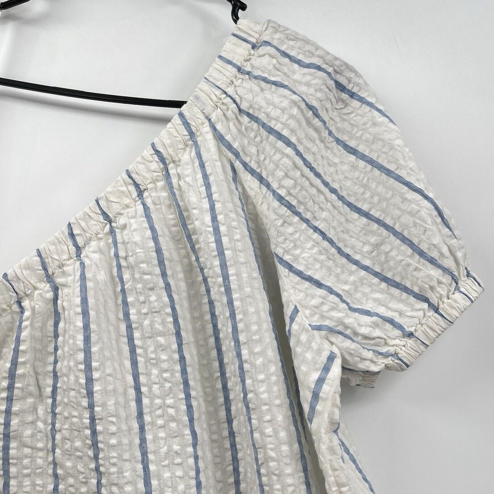 Madewell Large One Shoulder Dress Womens Blue White Striped Seersucker NJ887 - Picture 2 of 5